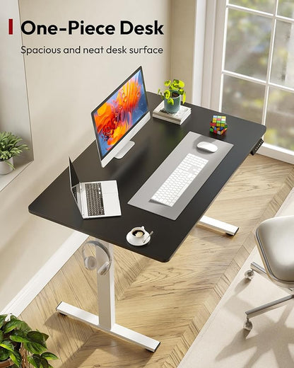 SANODESK Electric Standing Desk 48 x 30 Inches Whole-Piece Desktop Height Adjustable Stand Up Desk w/6-Button Controller Ergonomic Computer Desk for Home Office, White Frame + Black Tabletop