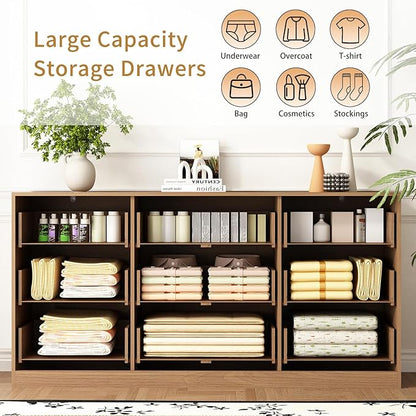 9 Drawer Dresser for Bedroom with Deep Drawers, 63" Wide Wood Dresser, Large Floor Chest of Drawers, Modern Long TV Stand, Mid Century Storage Cabinet Side Table, Natural