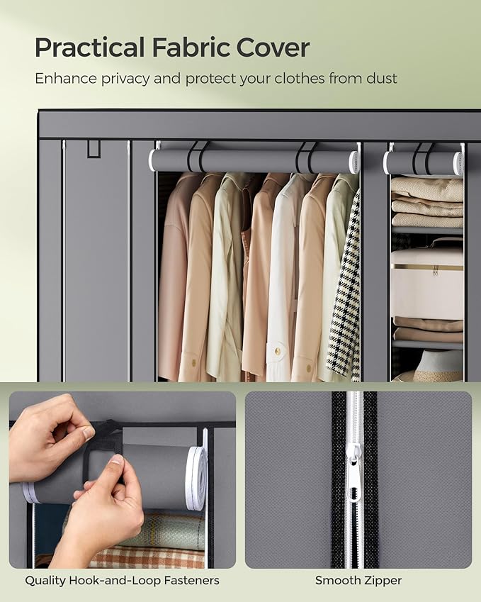 SONGMICS Closet Wardrobe, Portable Closet for Bedroom, Clothes Rail with Non-Woven Fabric Cover, Clothes Storage Organizer, 59 x 17.7 x 69 Inches, 12 Compartments, Gray ULSF03G