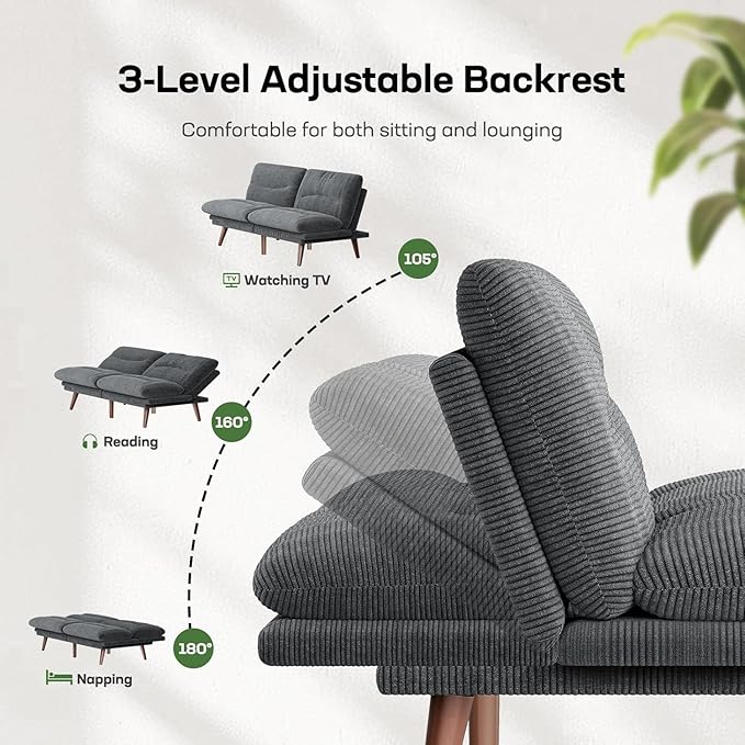 Marsail 75" Futon Sofa Bed, Futon Couch with Adjustable Backrest & Armrests, Convertible Sleeper Sofa Bed for Apartment, Living Room, Office, Corduroy Loveseat, Dark Grey