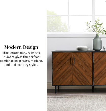 Walker Edison Caye Modern 4-Door Bookmatch Buffet-Sideboard for Storage, 58 Inch, Acorn Bookmatch/Black