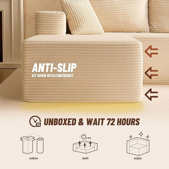 107" Boneless Couch with Deep Seat, Modular Sectional Sofa, Cloud Sectional Couch for Living Room, No Assembly Required, Corduroy, L-Shape Left，White