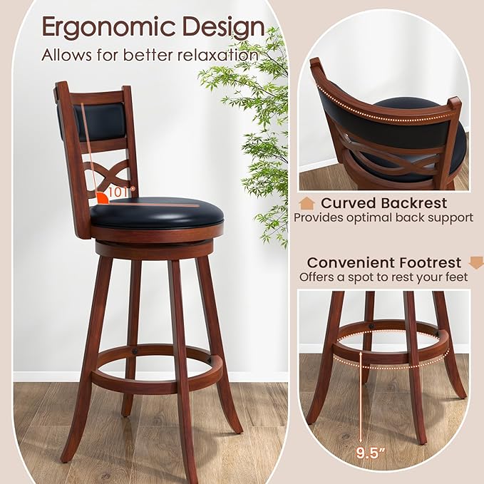 COSTWAY Bar Stools Set of 2, 29.5” Bar Height Stools with Rubber Wood Frame, Faux Leather Upholstered Seat and Backrest, Swivel Barstools for Kitchen Island, Pub, Brown (2, Seat Height: 29.5”)