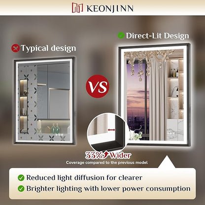 Keonjinn 48” x 30” LED Bathroom Mirror with Frontlit & Backlit, Large Metal Framed Lighted Mirror with Stepless Dimmable 3-Color Temperatures, Anti Fog, UL-Listed Driver, No Dark Corner