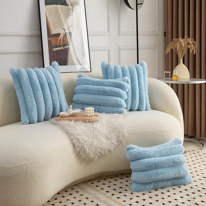 Neelvin Blue Faux Fur Cozy Soft Striped Decorative Throw Pillow Covers 26x26 inch Set of 2,Velvet Pillowcase Cushion Case for Sofa Couch