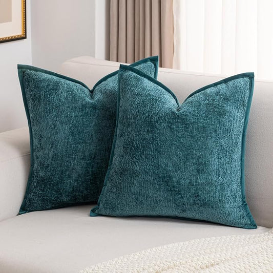 FUTEI Teal Chenille Throw Pillow Covers 18x18 Inch Set of 2,Soft Cozy Bound Edge Design Cushion Case,Home Decor for Couch Bed Living Room