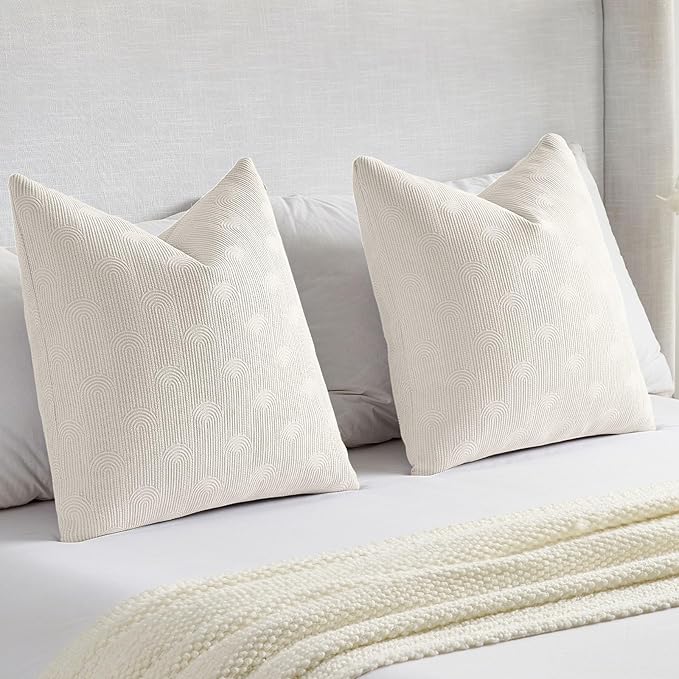 FUTEI Cream Chenille Decorative Throw Pillow Covers 20x20 Inch Set of 2,Soft Cozy Striped Geometric Patterns Cushion Cases,Modern Home Decor for Couch Bed Living Room