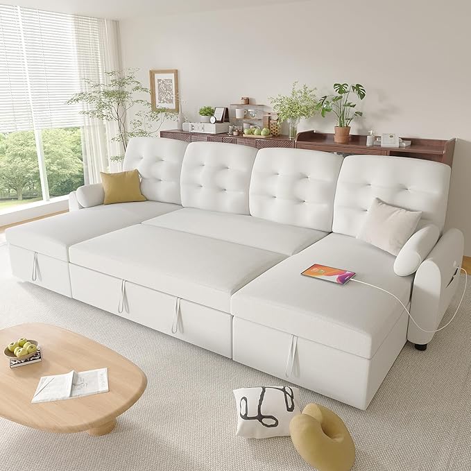 Ucloveria Sleeper Sofa Bed, 112" U Shaped Sectional Sofa Couches for Living Room, Pull Out Couch Bed with Dual Reversible Storage Chaise | Charging Station | Side Pockets | Removable Backrest