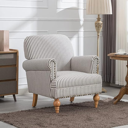 Linen Accent Chair Mid-Century Modern Living Room Armchair with Nailhead Trim & Wood Legs Comfy Upholstered Single Sofa Chair for Lounge/Bedroom/Reception, Black Stripe