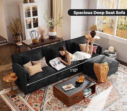 ELUCHANG 113" Modular Sectional Sofa, Comfy Cloud Couch Deep Seat Sofa Couches for Living Room, Modern Sofa with Movable Ottoman and Throw Pillows, DIY Combination - Chenille Black