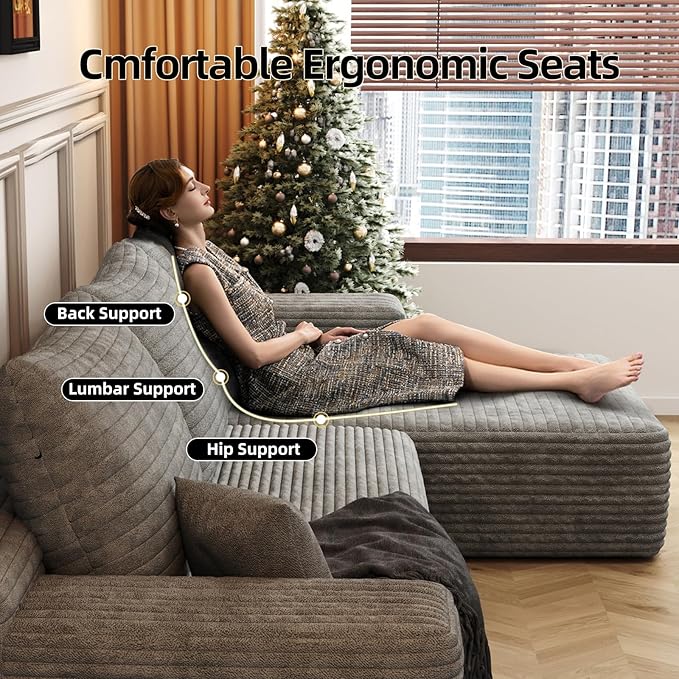 107.5" Cloud Modular Sectional Sofa with L-Shape Chaise, Modern Upholstered Couches for Living Room, Deep Seat Boneless Couch, No Assembly Required, Plush Corduroy Fabric (Grey, Right Facing Chaise)