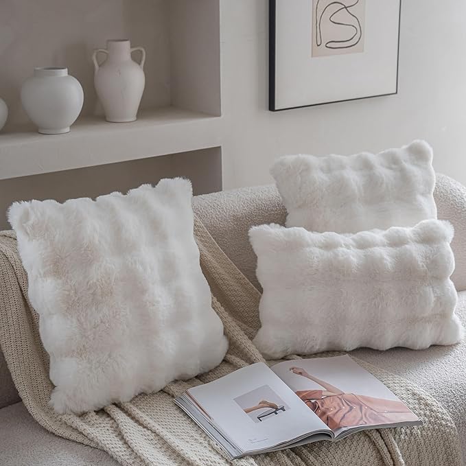 Neelvin Cream White Faux Fur Cozy Soft Double-Sided Decorative Throw Pillow Covers 16x16 inch Set of 2,Velvet Pillowcase Cushion Case for Sofa Couch