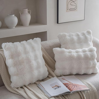 Neelvin Cream White Faux Fur Cozy Soft Double-Sided Decorative Throw Pillow Covers 22x22 inch Set of 2,Velvet Pillowcase Cushion Case for Sofa Couch