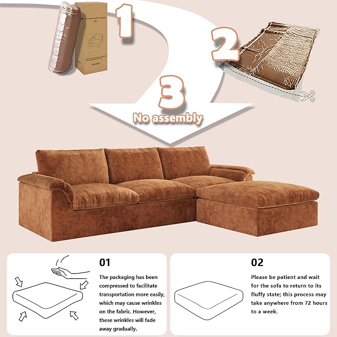 EASE MOOSE Oversized Boneless Couch for Living Room, Sectional Cloud Sofa, Modular Cloud Couch Loveseat, 2-Seat Deep Sofas with Pillow for Bedroom, Apartment, No Assembly Required, Chenille (Brown)