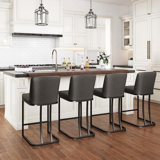 PHI VILLA Dark Grey Bar Stools Set of 4, Faux Leather Counter Height Chairs, Kitchen Stools for Island, 24 Inch Barstools with Back