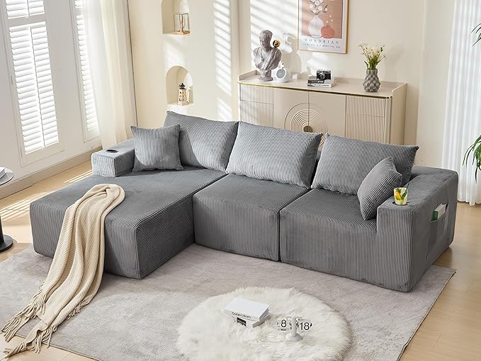 107" Cloud Sectional Couch, Modular Sectional Sofa with L-Shape Chaise, Corduroy Boneless Couch with Deep Seat, Upholstered Sofa for Living Room, No Assembly Required(Left-Facing Chaise, Dark Grey)