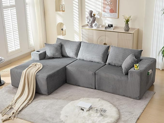 107" Cloud Sectional Couch, Modular Sectional Sofa with L-Shape Chaise, Corduroy Boneless Couch with Deep Seat, Upholstered Sofa for Living Room, No Assembly Required(Left-Facing Chaise, Dark Grey)