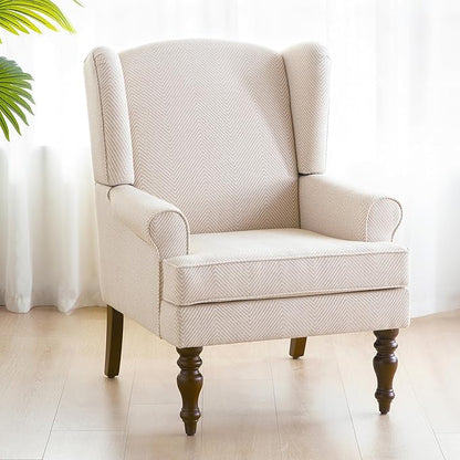 HUIMO Living Room Chair Upholstered High Back Armchair Retro Printed Wingback Chair in Linen for Bedroom & Study Comfy Accent Sofa Chair Reading Chair Holds 300lbs (Navy Blue) (1, Tan with Lines)