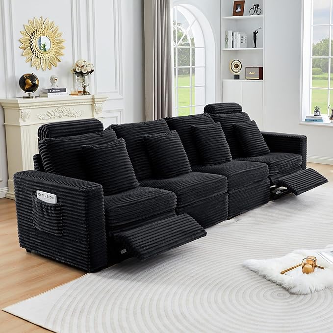 ORRD Power Reclining Sectional Sofa, Electric 4 Seat Recliner with 2 Electric Footrest and Adjustable Headrest, Modern Plush Corduroy Fluffy Modular Sectional with Deep Seat for Living Room-Black