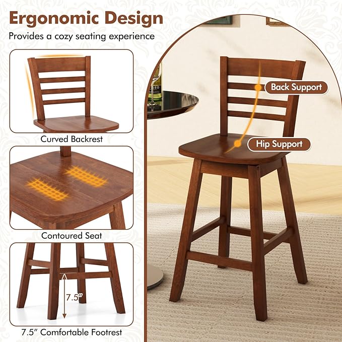 COSTWAY Bar Stools Set of 4, 24.5 Inch Swivel Counter Height Bar Chairs with Hollow Backrest & Contoured Seat, with Footrest for Kitchen Island, Pub, Bistro, Cafe (4, Walnut)