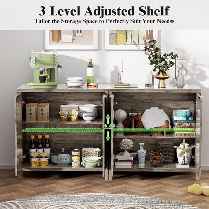 Sideboard Buffet Cabinet, 31" Storage Cabinet with 2 Doors and Adjustable Shelves, Sideboard Console for Dinning Room, Kitchen and Living Room - Grey