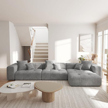 JACH 144.1 Inch L-Shaped Modular Sofas, Modern 3-Seater Couch with Chaise Ottoman, Mid Century Modern Sectional Couches, Cozy Sleeper Sofa for Apartment/Living Room (Linen Fabric, Grey)