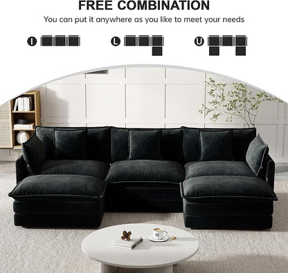Modular Sectional Sofa, 111.5 Inch U-Shaped Cloud Sofa with Deep Seat Chenille Sofa with Cushions, Three-Self Sectional Sofa for Living Room Apartment,Black