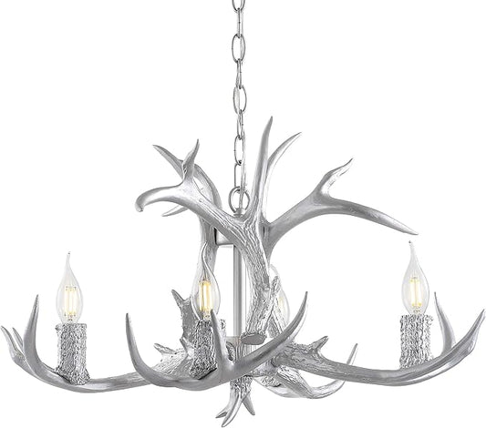 JONATHAN Y JYL6301C Eldora 26" Adjustable Resin Antler 4-Light LED Chandelier, Glam, Rustic,Cottage,Transitional, Dimmable Dining Room, Living Room, Kitchen, Foyer, Bedroom, Silver