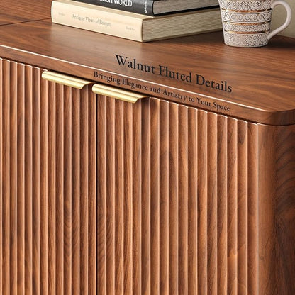 Evermagin 94.5" Walnut Buffet Cabinet with Storage, Large Sideboard Cabinet, Mid Century Modern Accent Credenza, Fluted Console Table with Doors for Dining Room, Kitchen, and Living Room