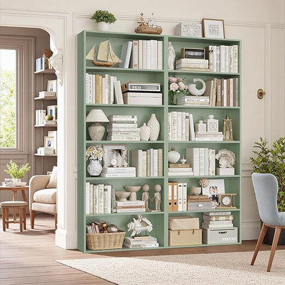 FOTOSOK 70.8" Tall Bookcase Shelf, 6 Tier Wide Bookshelf with Storage, Billy Bookcase Set of 2, Large Bookshelf for Living Room, Home Office,Green