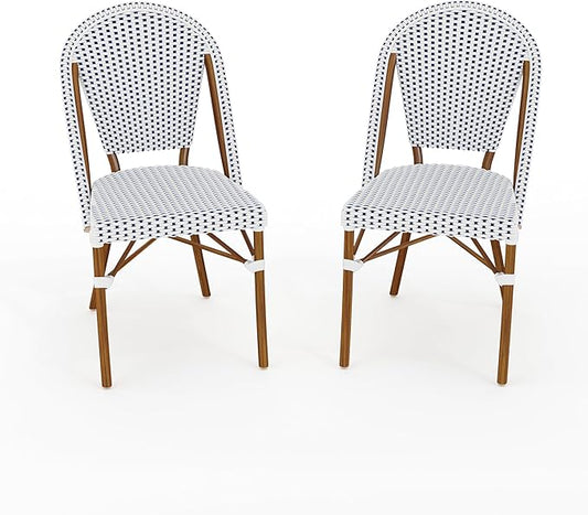 Martha Stewart Lily Pond Indoor-Outdoor Stackable Bistro Chairs with Natural Woodgrain Aluminum Frame Finish, White/Navy Woven Rattan Backrests/Seats, Set of 2