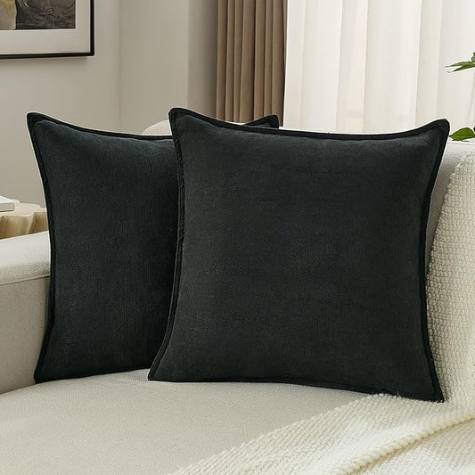 FUTEI Black Chenille Throw Pillow Covers 18x18 Inch Set of 2,Edges Double-Stitched Cushion Cases,Modern Home Decor for Couch Living Room