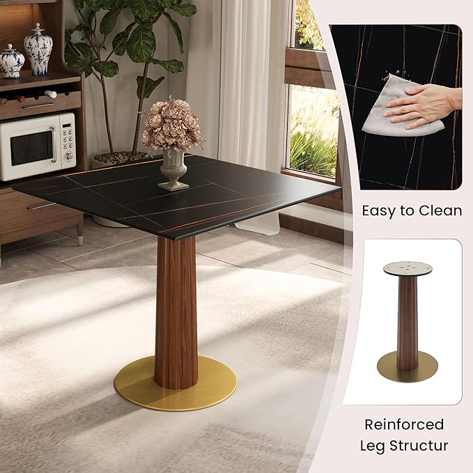 Sintered Stone Square Office Table and Chair Set - Meeting Table for Small Offices (Dark Brown Leg and Black Top, 1 Table and 4 Chairs)