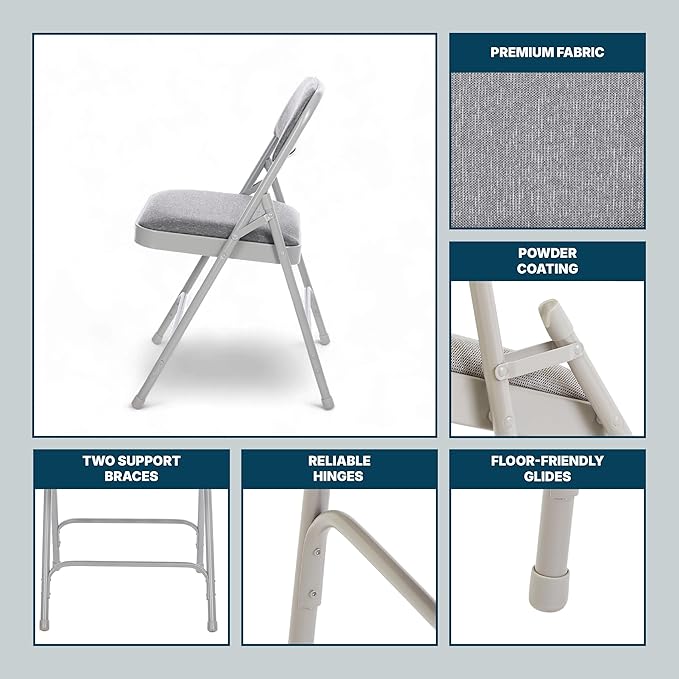 OEF Furnishings OEF2200 Series Heavy-Duty Premium Fabric Padded Upholstery Double-Hinged Folding Chairs (4-Pack, Slate Gray)