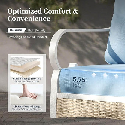 6 Piece Metal Outdoor Patio Furniture Set, Patio Conversations Set 3-Seater Sofa, 2-Seater Sofa, 2 Rocking Chair with 5.75" Thick Cushion & Coffee Table White Backyard Furniture, Blue