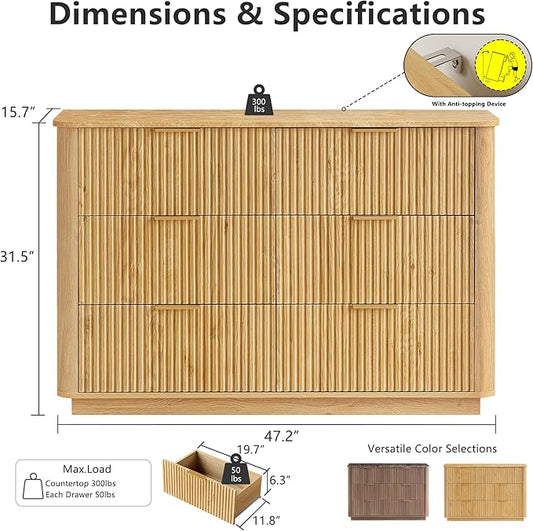 win2win 6 Drawer Dresser, Mid Century Modern Dresser with Storage, 47" Wide Fluted Chest of Drawers with Faux Marble Top, Dressers TV Stand, Drawers Organizer for Bedroom, Living Room, Hallway, Oak
