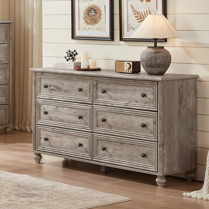 6 Drawers Dresser for Bedroom, Farmhouse 54" Wide Wood Dressers Chest of Drawers, Vintage Design TV Stand, Rustic Storage Dresser Organizer with Metal Handle Closet for Living Room, Hallway