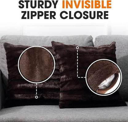 Cheer Collection Faux Fur Throw Pillows - Decorative Pillows for Couch, Bed Throw Pillows, Chocolate Accent Pillows for Bedroom or Living Room Aesthetic, Set of 2 Furry Throw Pillows, 20" x 20"