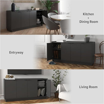 Prepac Simply Modern 4 Door Console Table Storage Cabinet, Buffet Cabinet for Storage and Organization, Modern Side Table with Doors & Shelves, 60”W x 30”H x 16”D, Black