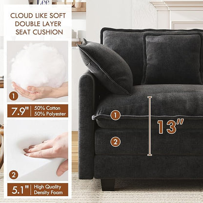 WorthFurni 111.4” Cloud Couch, Modular Sectional Sofa, Comfy Modern 3-Seater Couches with Pillows & Upholstered Deep Seat Cushion for Living Room Apartment Bedroom (Black)