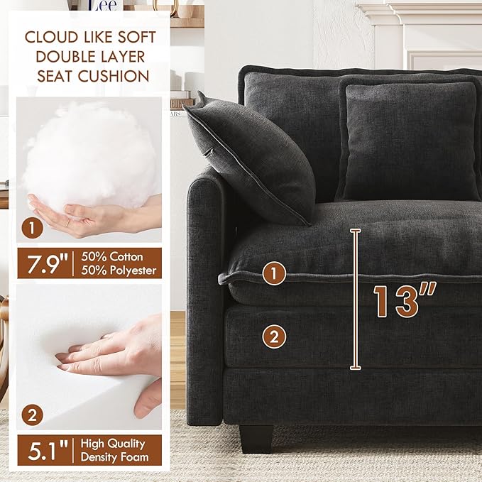 WorthFurni 111.4” Modular Sectional Sofa, U Shape Cloud Couch with 2 Movable Ottoman, Comfy Chenille Deep Seat Sofa with Soft Pillows for Living Room Apartment (Black)