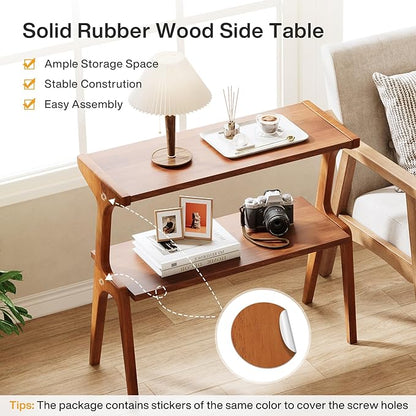 Tribesigns Set of 2 Narrow Side Table, 2-Tier Solid Wood End Table with Storage, Modern Couch Side Table for Living Room, Slim Bedside Table for Bedroom, Small Spaces, Walnut