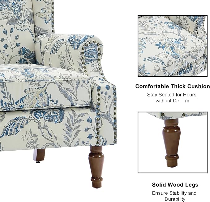 Accent Chair, Upholstered High Back Floral Armchair with Nailhead Trim & Wood Legs, Comfy Wingback Reading Single Sofa Chair for Small Spaces, Living Room, Bedroom ( Plants Blue Floral, Set of 2)