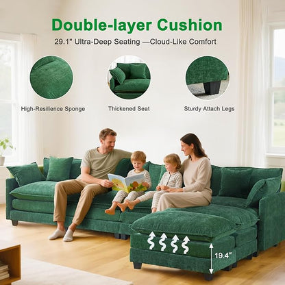146" U Shaped Sectional Cloud Couch with 2 Ottomans｜Large Chenille Modular Sofa for Living Room｜FSC Solid Wood Frame｜29.1" Deep Seat｜Easy Assembly & 1YR Guarantee Green