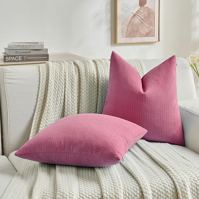 FUTEI Hot Pink Decorative Throw Pillow Covers 16x16 Inch Set of 2,Soft Cozy Wheat Ear Striped Patterns Cushion Cases,Modern Home Decor for Couch Bed Living Room