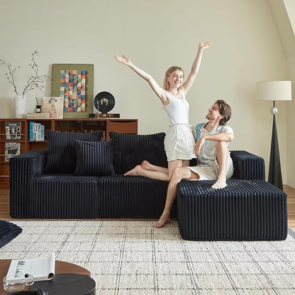 Boneless Sectional Sofa, 100.7" Cloud Couch with Wide-Wale Corduroy, Deep Seat L Shaped Couch, All-Foam Filled Compressed Sofa for Living Room (Black, Corduroy)