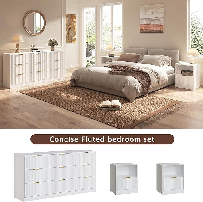 3-Piece Modern Bedroom Furniture Set, Wide 9-Drawer Dresser & 1-Drawer Nightstands Set of 2, Natural Wood Dresser and Nightstand Sets for Bedroom, Hallway, White