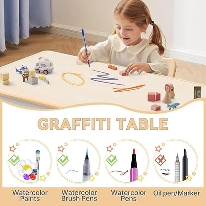 Kids Study Table and Chairs Set, Height Adjustable Toddler Table and Chair Set for Kids Ages 3-8, 31.5" L x 23.6" W Graffiti Desktop Plastic Children Art Table with 2 Seats, Brown