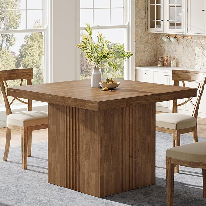Tribesigns 39-Inch Square Dining Table for 4, Farmhouse Kitchen Dinner Table with Fluted Pedestal Base for Dining Room, Kitchen, Living Room, Apartments, Small Space, Easy to Assemble, Brown