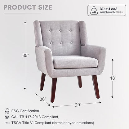 HUIMO Button-Tufted Accent Chairs Set of 2,Upholstered Reading Living Room Chair,Mid Century Modern Chair with Linen Fabric, Club Chair,Comfy Arm Chairs for Living Room,Bedroom,Light Grey